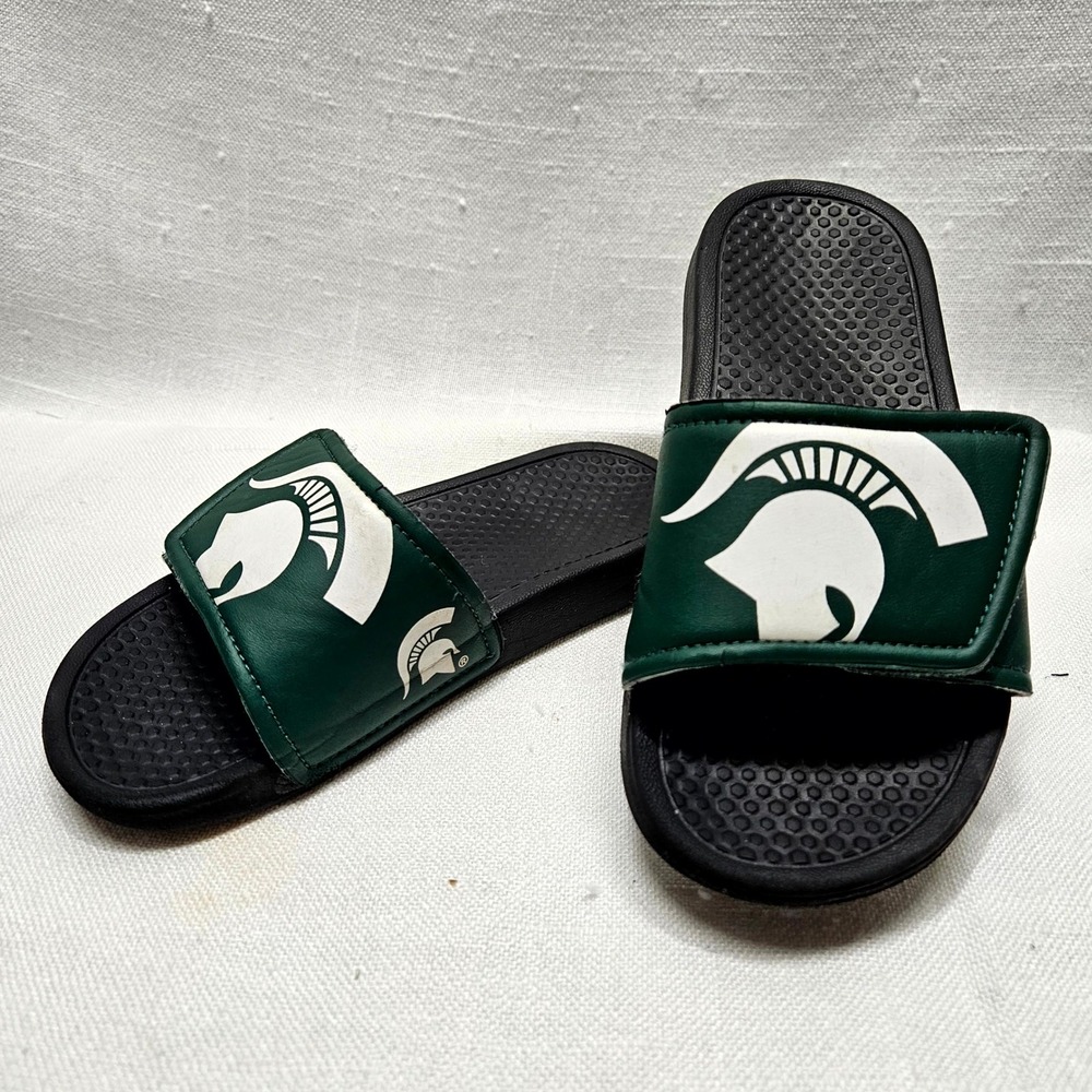 Michigan State Spartans Slides Adult Small Green White Spartan Helmet‎ Sandals